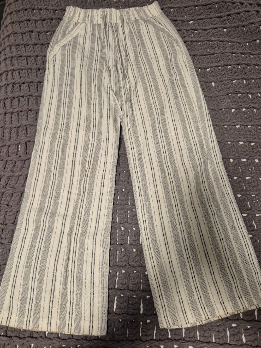 Women's casual white beach pants with embroidered black detailing